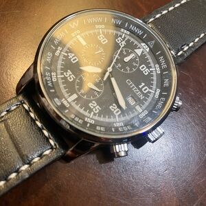 Citizen Black and Silver Chronograph 44mm men’s chronograph Leather Watch